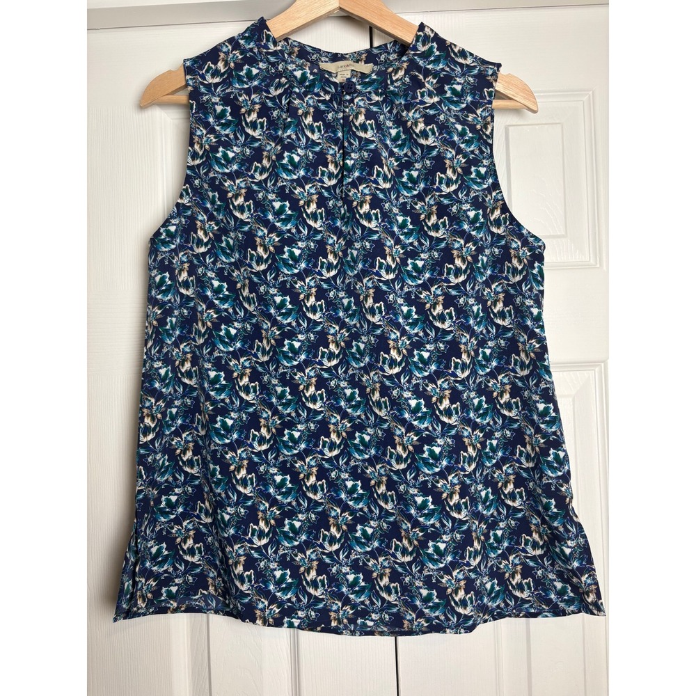 Lark & Ro Womens Navy Blue Floral Sleeveless Band Collar Blouse Top Small